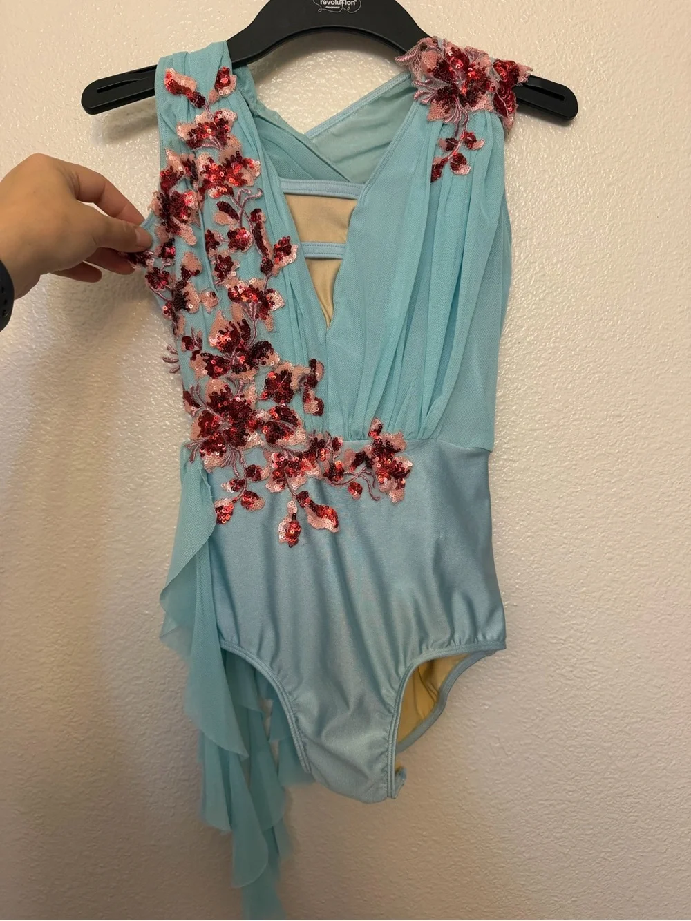 Glamour solo dance costume aqua blue lyrical contemporary mesh dress SA